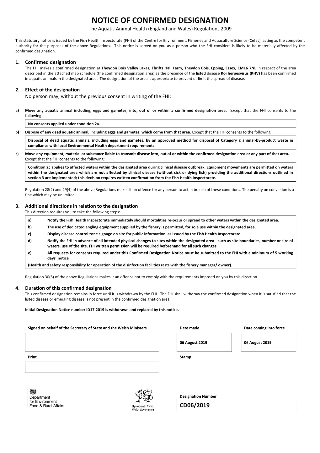 NOTICE of CONFIRMED DESIGNATION the Aquatic Animal Health (England and Wales) Regulations 2009