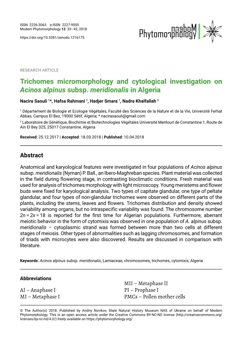 Trichomes Micromorphology and Cytological Investigation on Acinos Alpinus Subsp