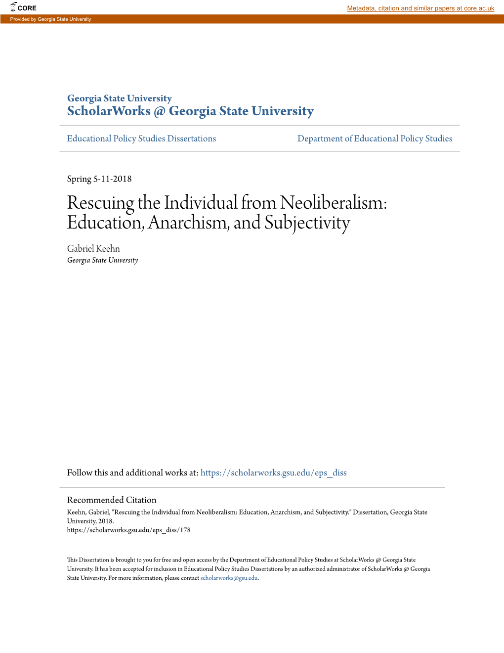 Education, Anarchism, and Subjectivity Gabriel Keehn Georgia State University