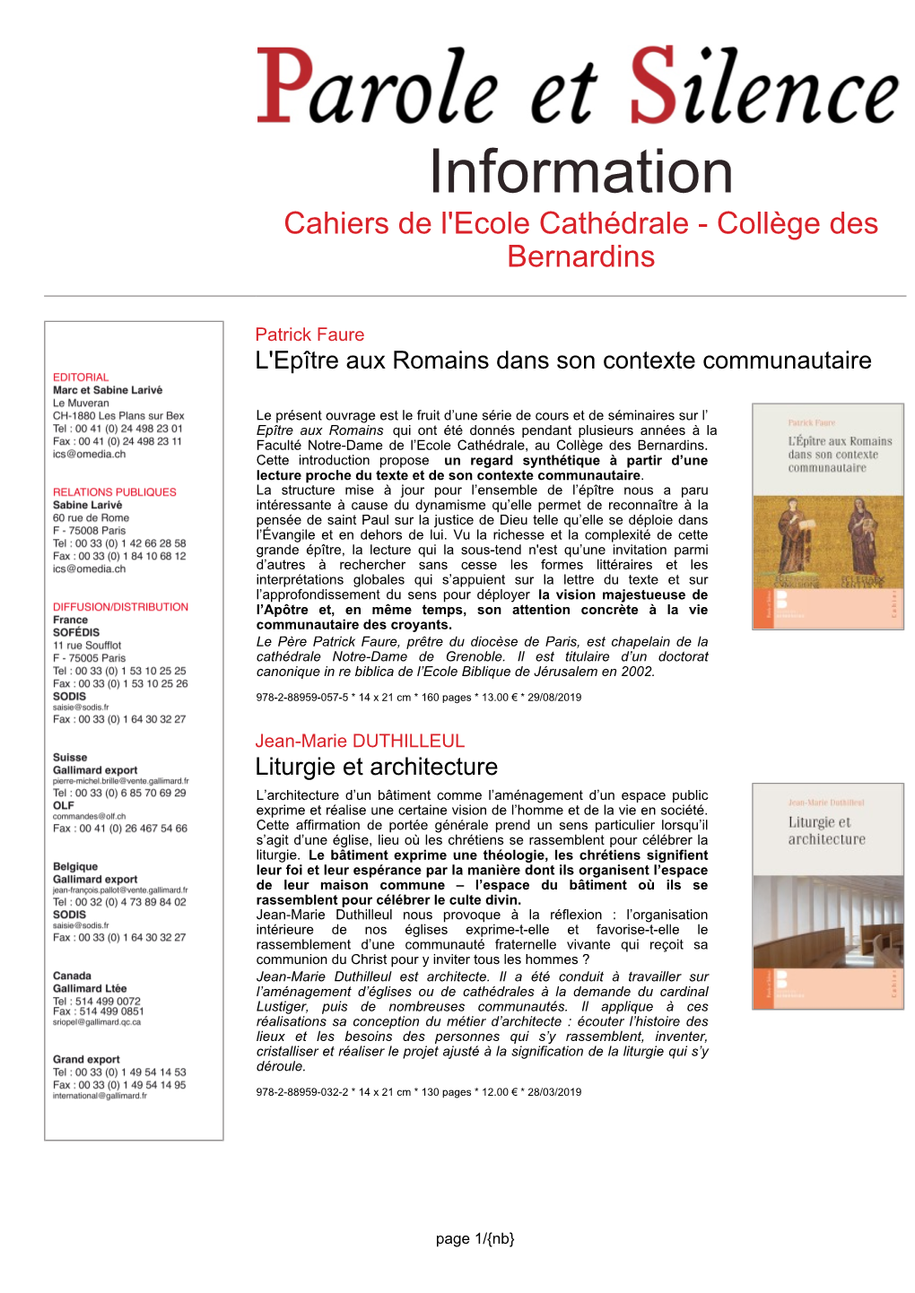Information Cahiers De L'ecole Cathédrale - Collège Des Bernardins