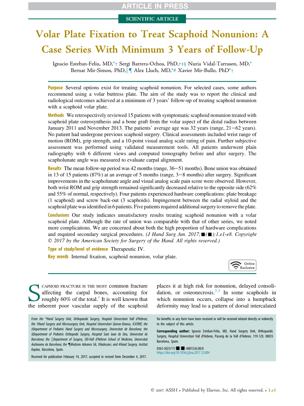 Volar Plate Fixation to Treat Scaphoid Nonunion: a Case Series with Minimum 3 Years of Follow-Up