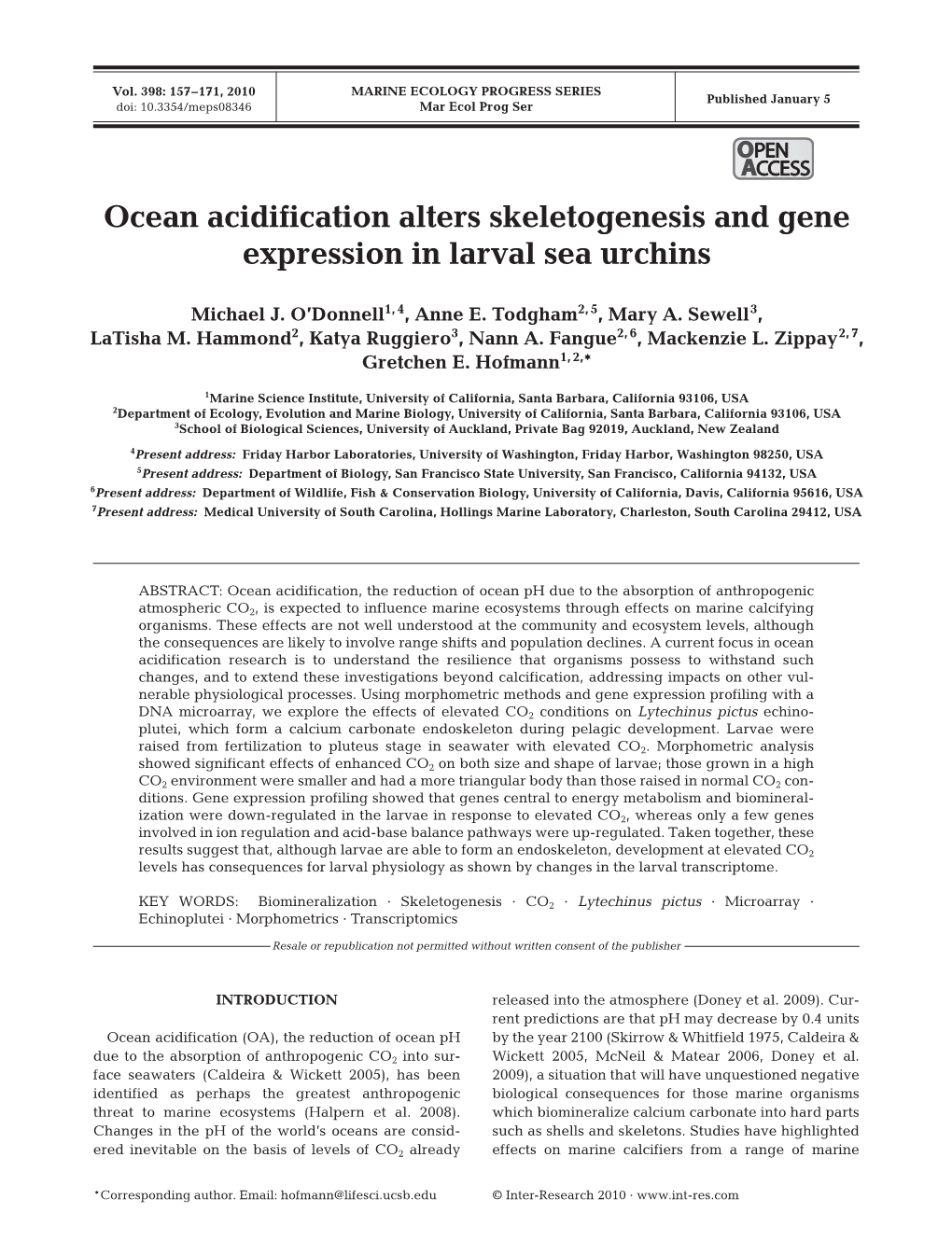 Ocean Acidification Alters Skeletogenesis and Gene Expression in Larval Sea Urchins