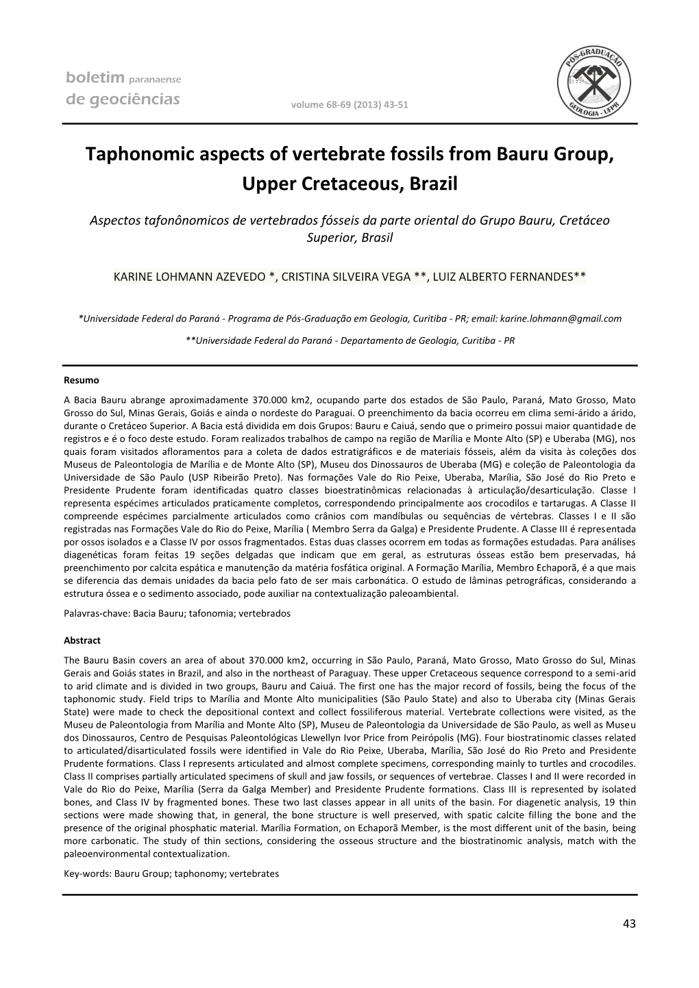 Taphonomic Aspects of Vertebrate Fossils from Bauru Group, Upper Cretaceous, Brazil