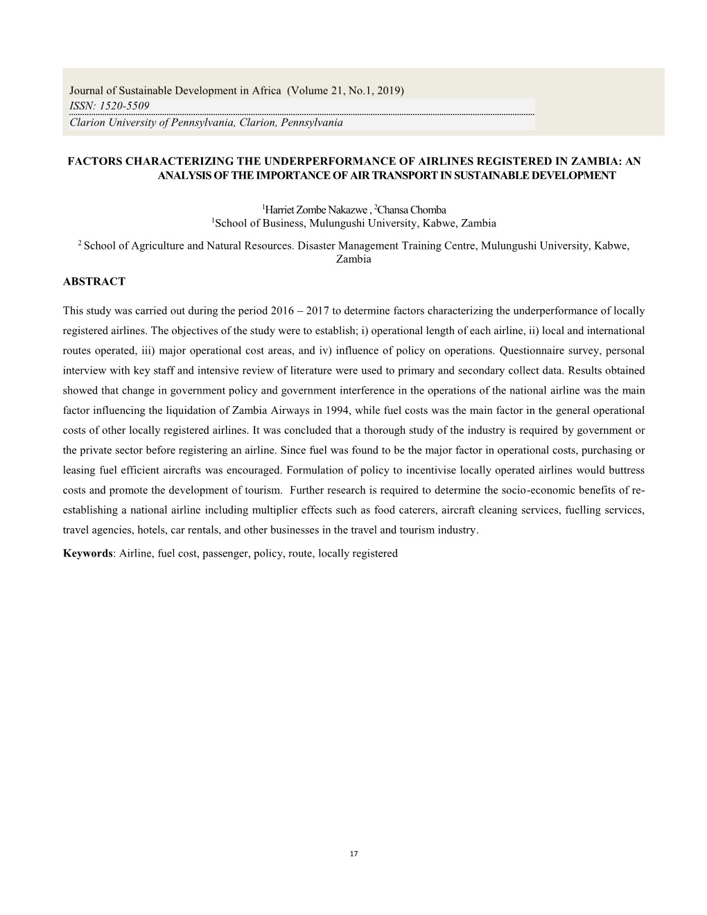 Factors Characterizing the Underperformance of Airlines Registered in Zambia: an Analysis of the Importance of Air Transport in Sustainable Development