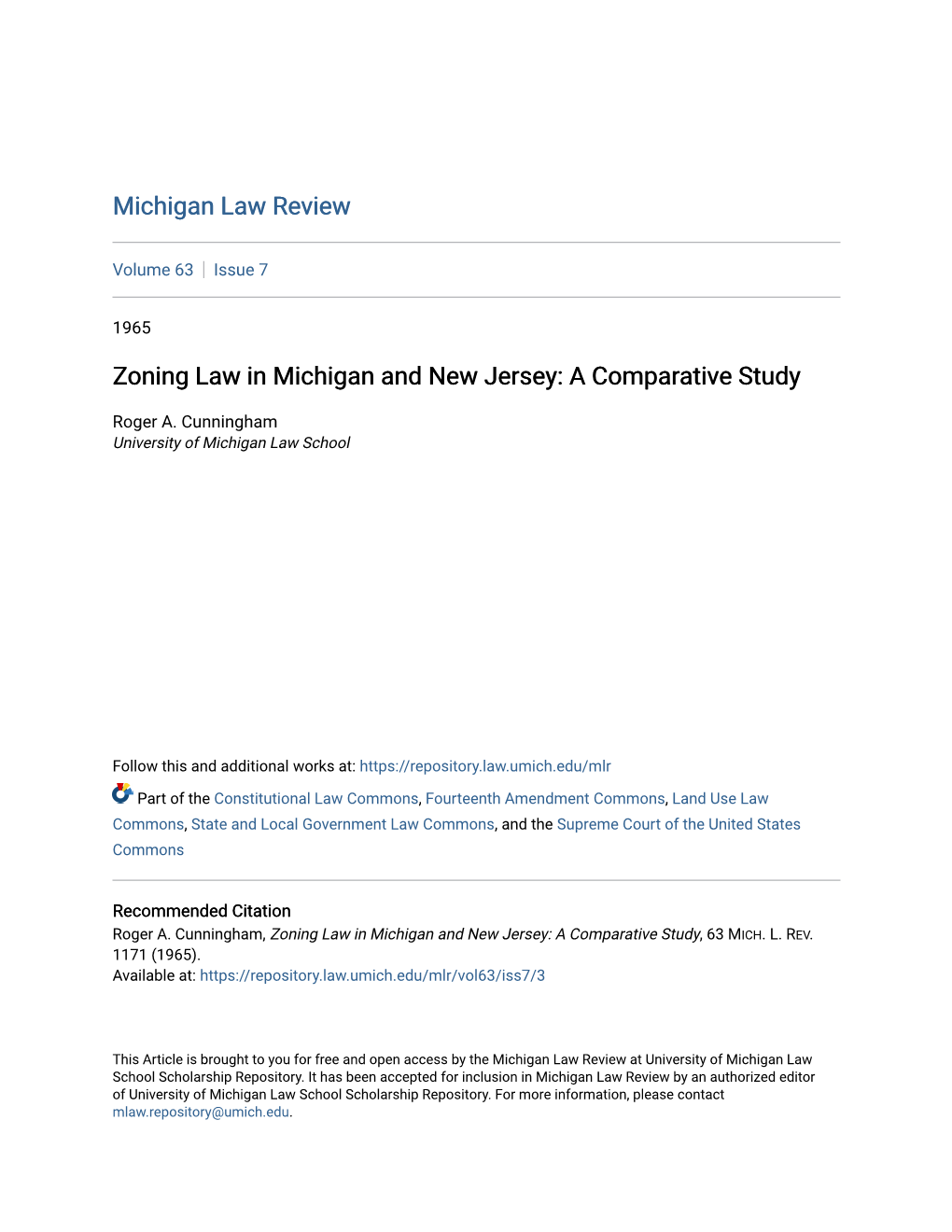 Zoning Law in Michigan and New Jersey: a Comparative Study