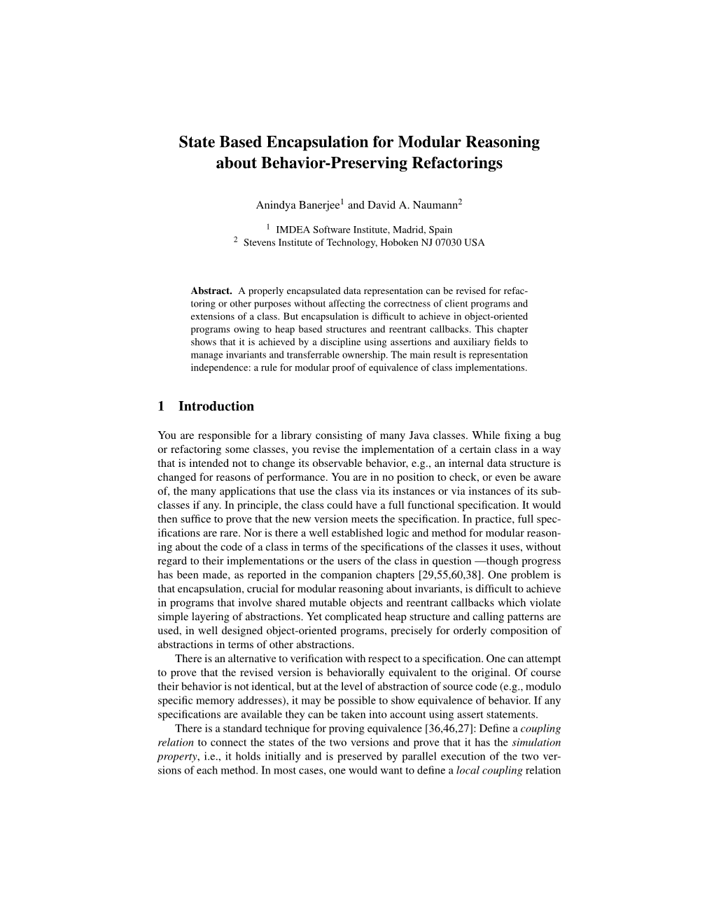 State Based Encapsulation for Modular Reasoning About Behavior-Preserving Refactorings