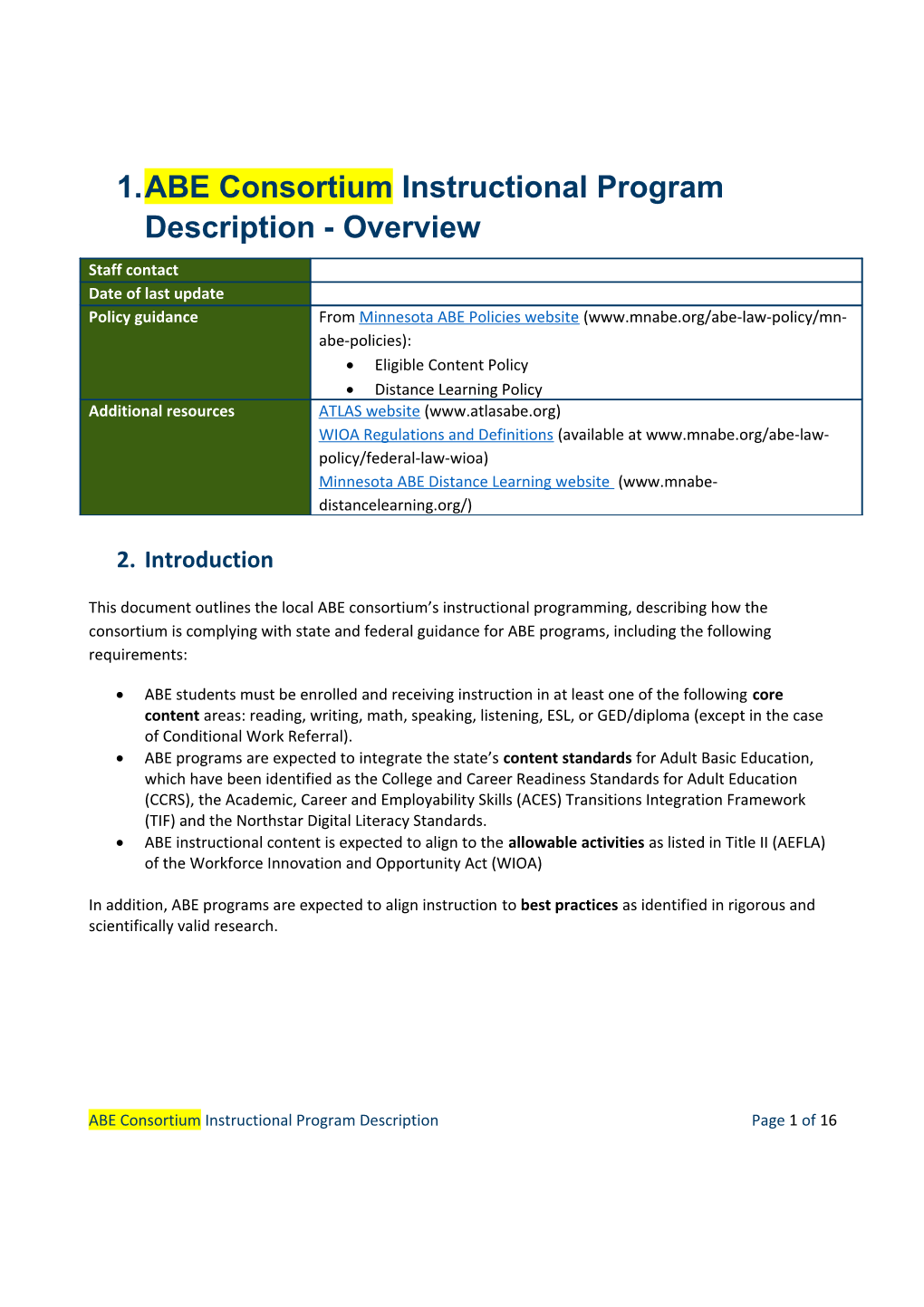 ABE Consortium Instructional Program Description - Overview