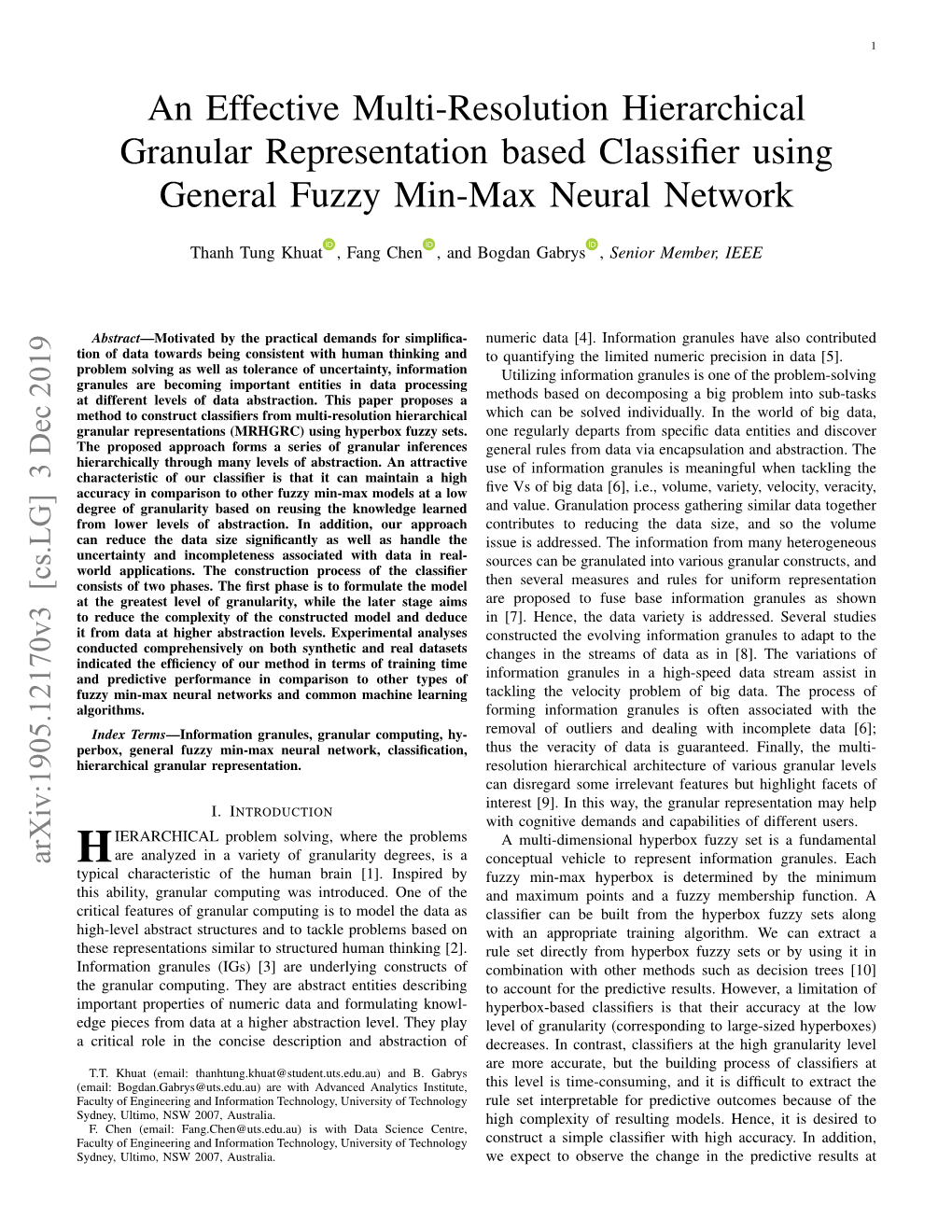An Effective Multi-Resolution Hierarchical Granular Representation Based Classiﬁer Using General Fuzzy Min-Max Neural Network