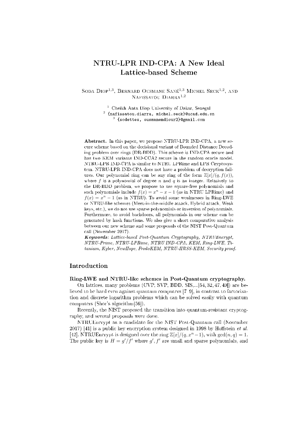 NTRU-LPR IND-CPA: a New Ideal Lattice-Based Scheme