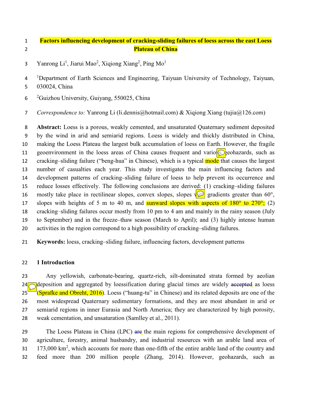 Factors Influencing Development of Cracking-Sliding Failures of Loess Across the East Loess 2 Plateau of China