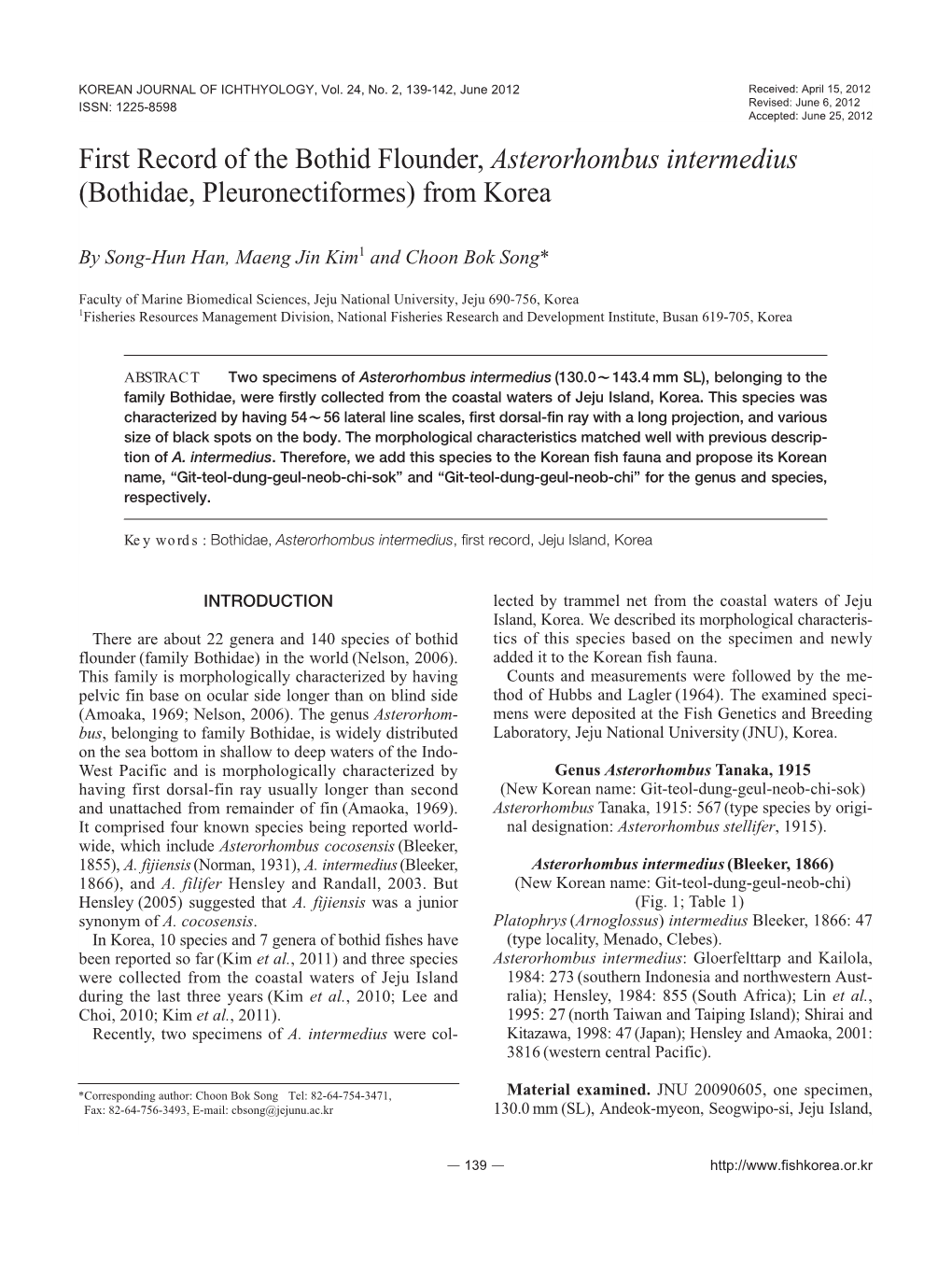First Record of the Bothid Flounder, Asterorhombus Intermedius (Bothidae, Pleuronectiformes) from Korea