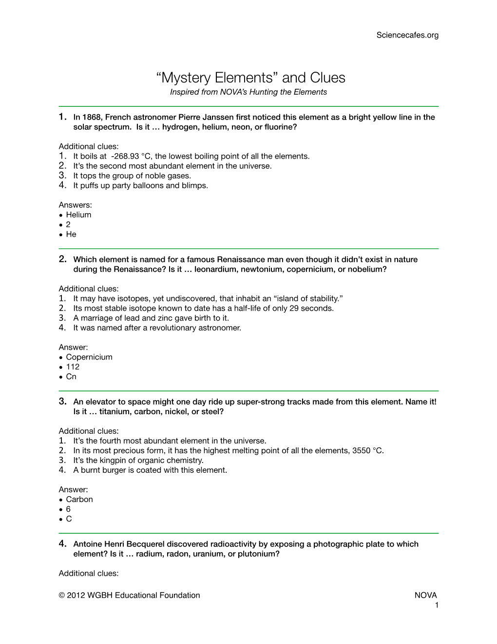 Mystery Elements” and Clues Inspired from NOVA’S Hunting the Elements