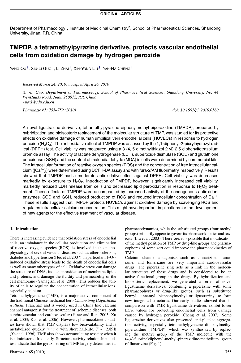 TMPDP, a Tetramethylpyrazine Derivative, Protects Vascular Endothelial Cells from Oxidation Damage by Hydrogen Peroxide