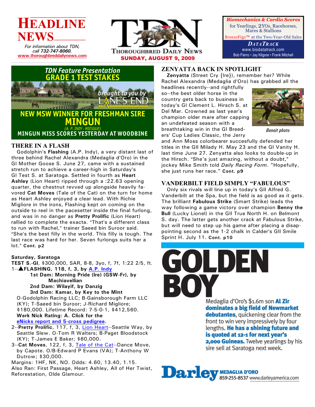 HEADLINE for Yearlings, 2Yos, Racehorses, Mares & Stallions NEWS Breezefigs™ at the Two-Year-Old Sales for Information About TDN, DATATRACK Call 732-747-8060