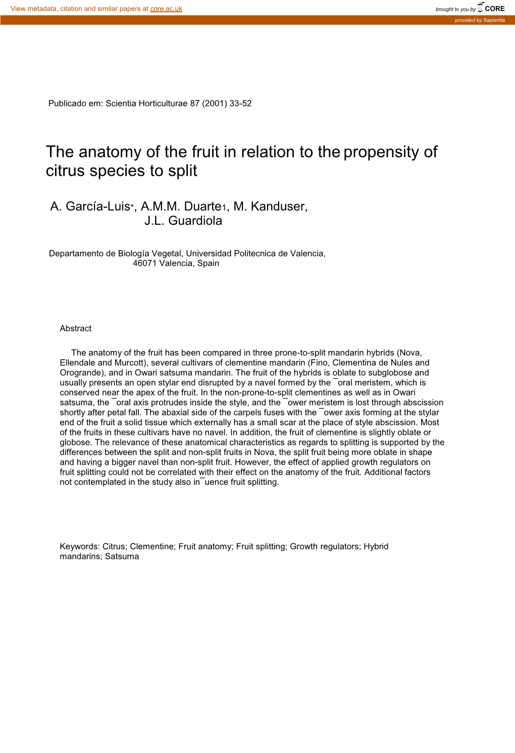 The Anatomy of the Fruit in Relation to Thepropensity of Citrus Species to Split