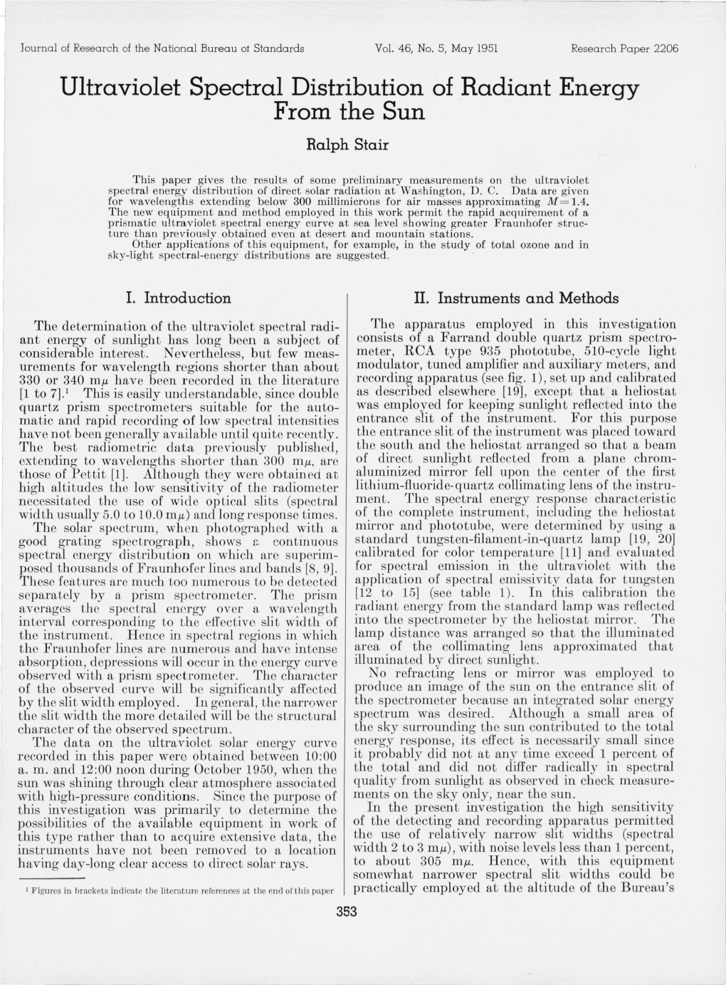 Ultraviolet Spectral Distribution of Radiant Energy from the Sun Ralph Stair