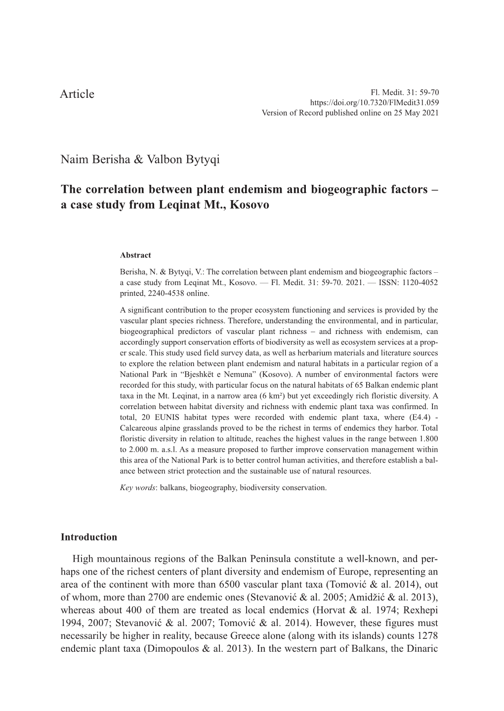 The Correlation Between Plant Endemism and Biogeographic Factors – a Case Study from Leqinat Mt., Kosovo