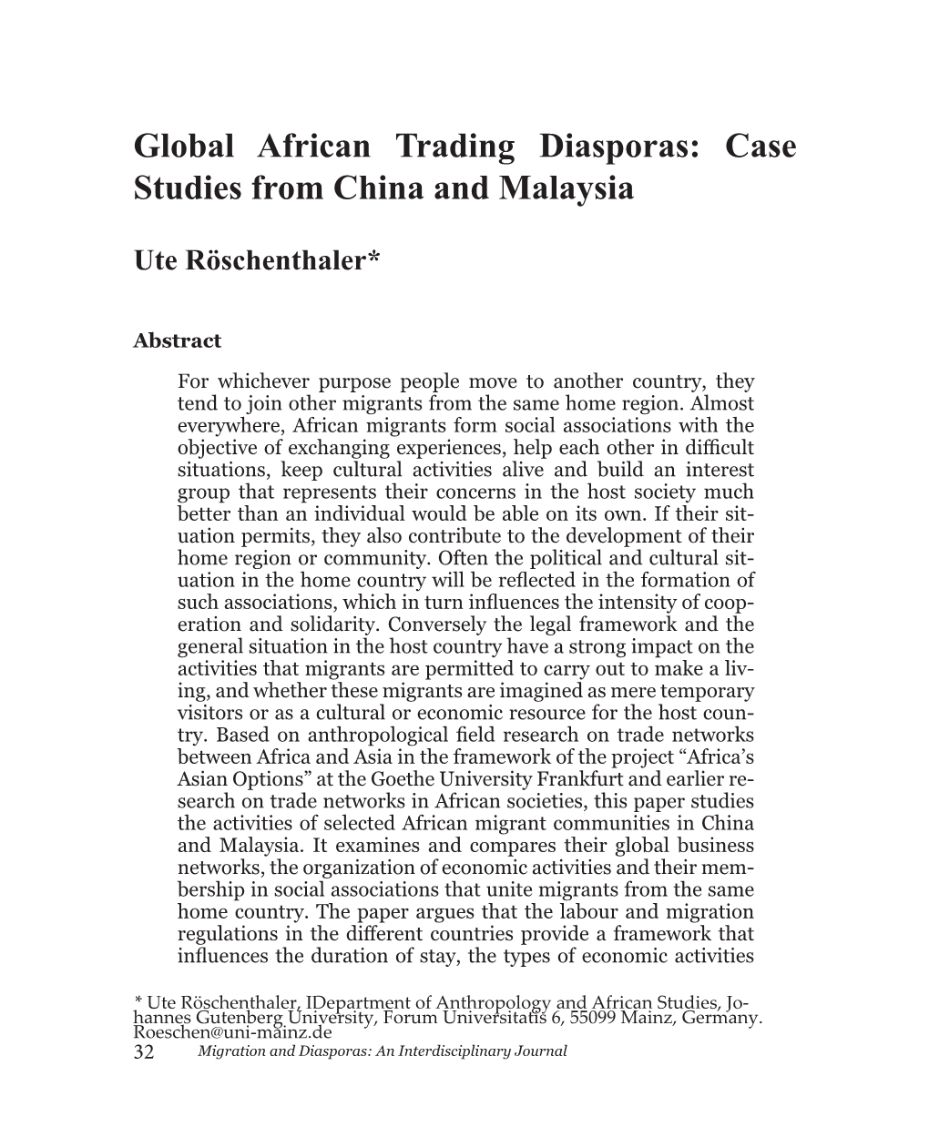 Global African Trading Diasporas: Case Studies from China and Malaysia