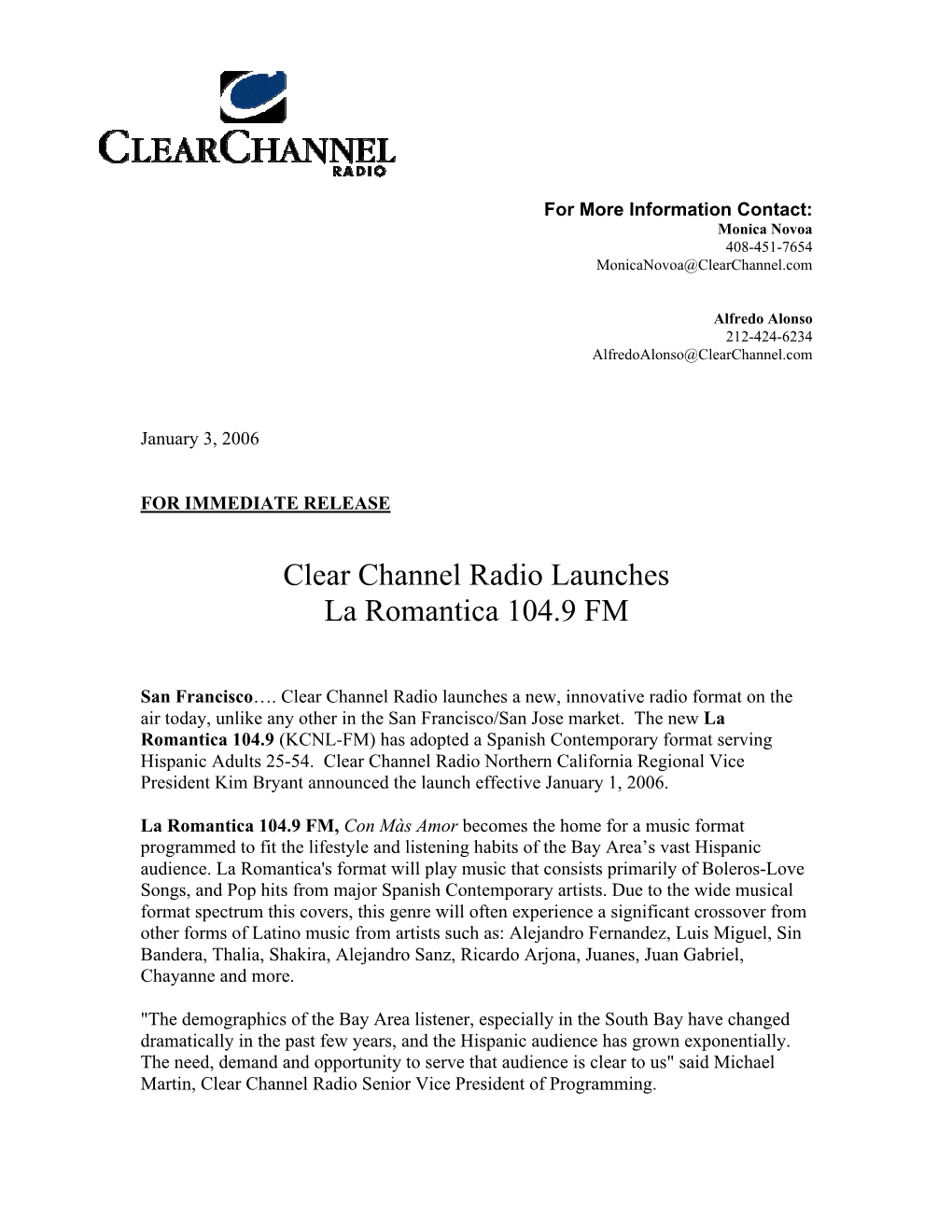 Clear Channel Radio Launches La Romantica 104.9 FM