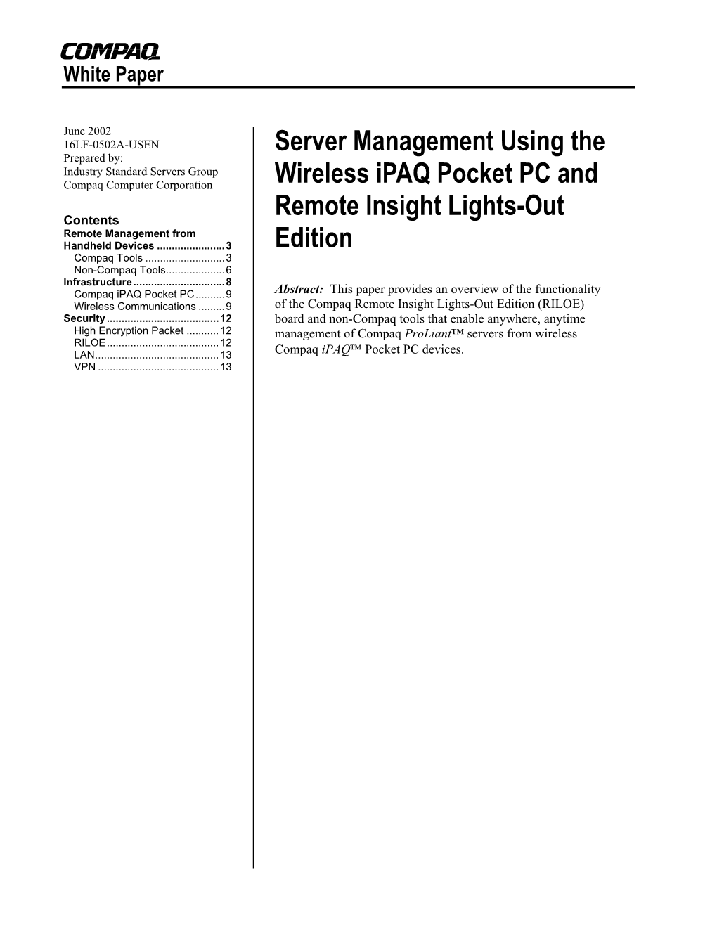 Server Management Using the Wireless Ipaq Pocket PC and Remote Insight Lights-Out Edition 2