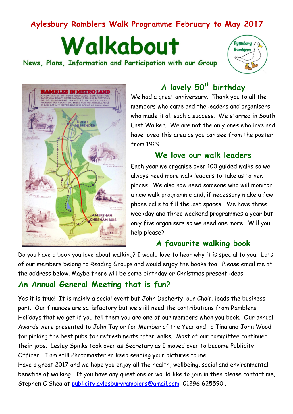 Aylesbury Ramblers Walk Programme February to May 2017 a Lovely 50Th