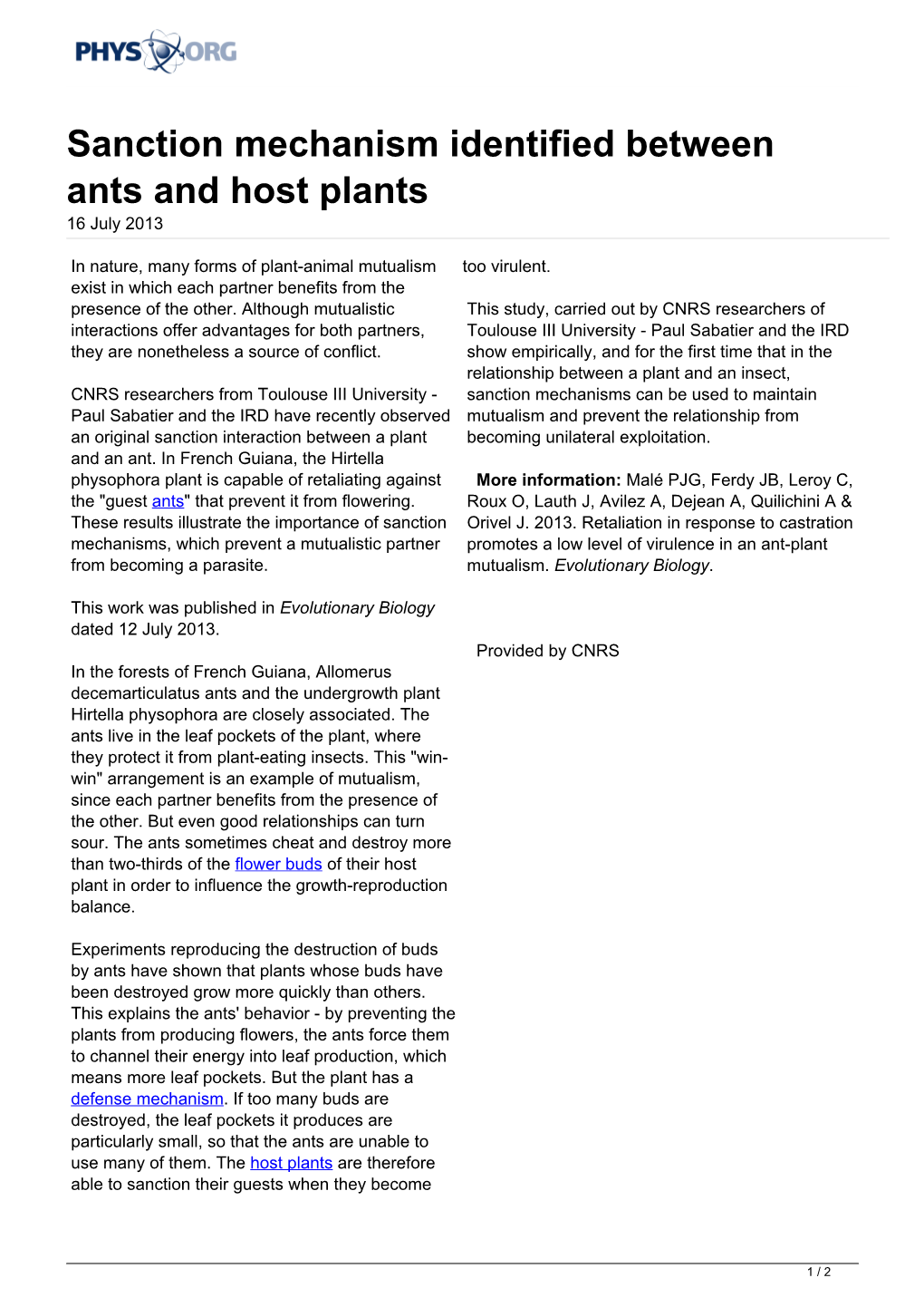 Sanction Mechanism Identified Between Ants and Host Plants 16 July 2013