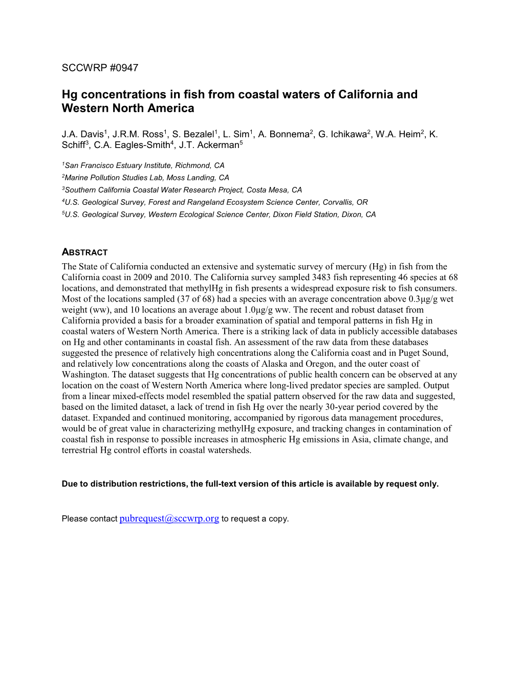 Hg Concentrations in Fish from Coastal Waters of California and Western North America