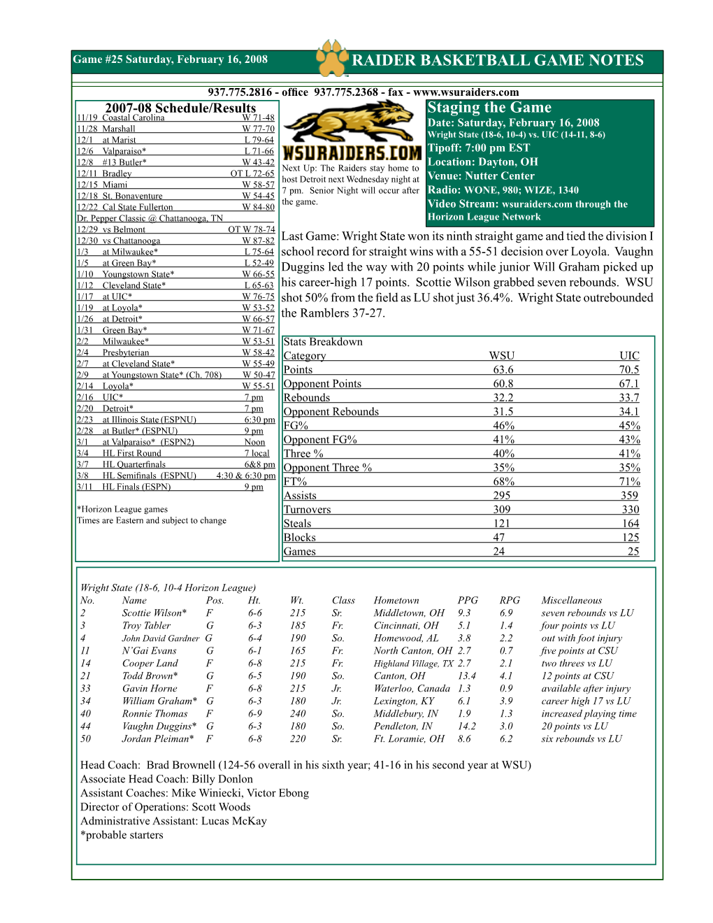 RAIDER BASKETBALL GAME NOTES Staging the Game