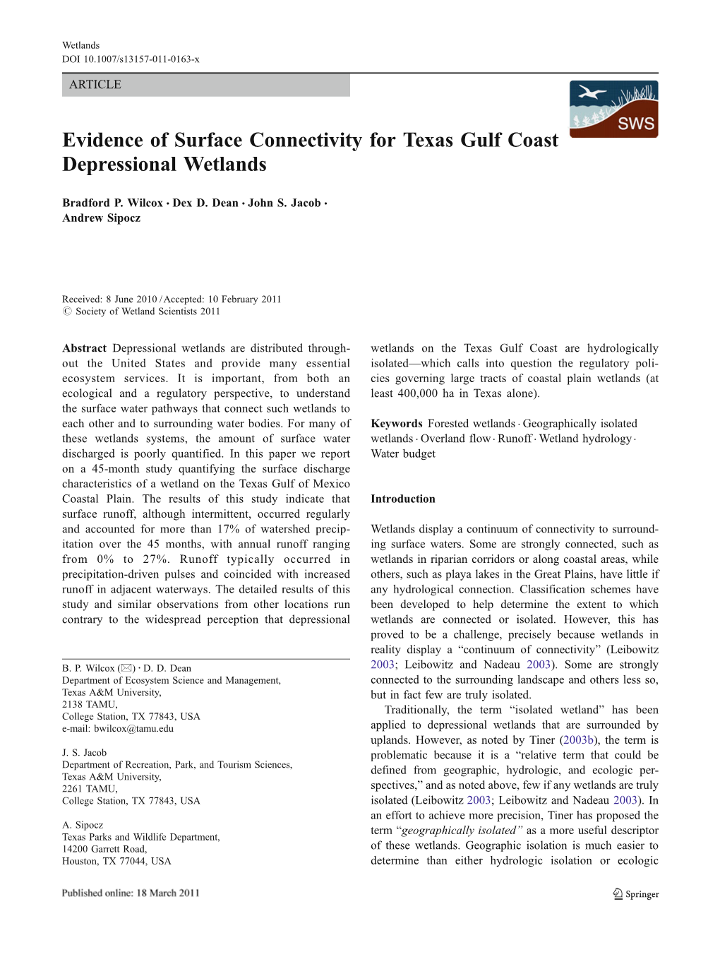 Evidence of Surface Connectivity for Texas Gulf Coast Depressional Wetlands