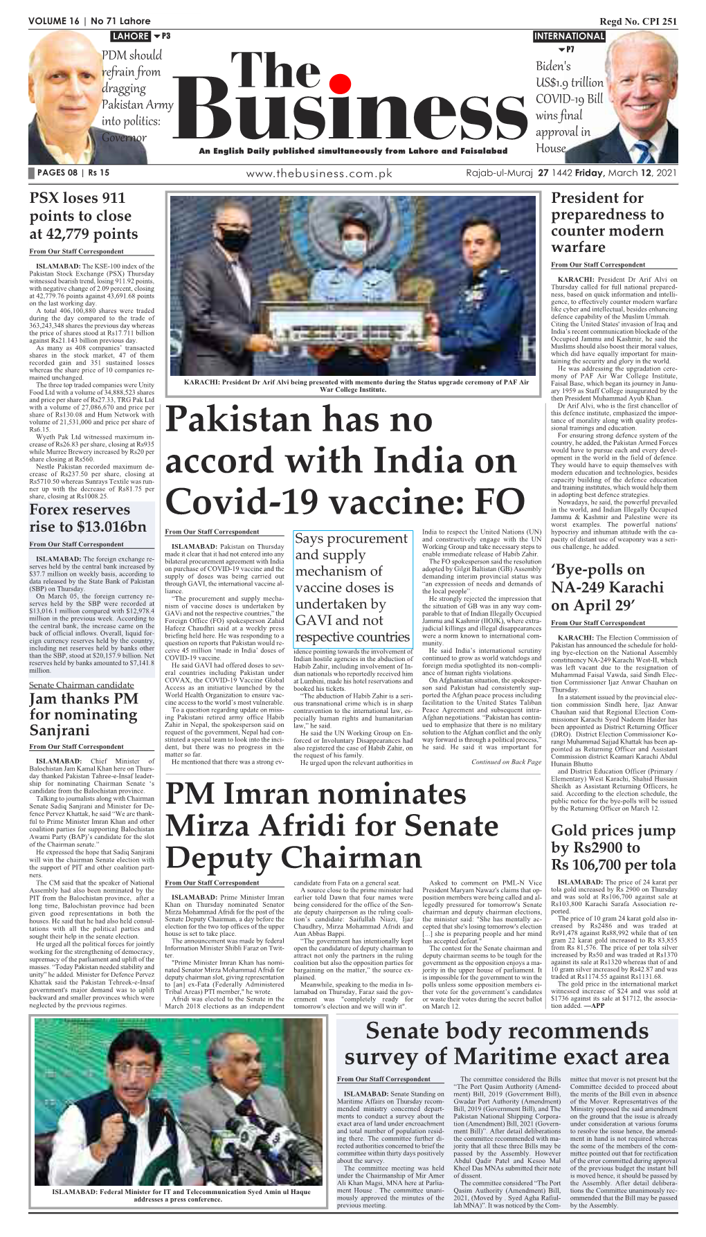 PM Imran Nominates Mirza Afridi for Senate Deputy Chairman