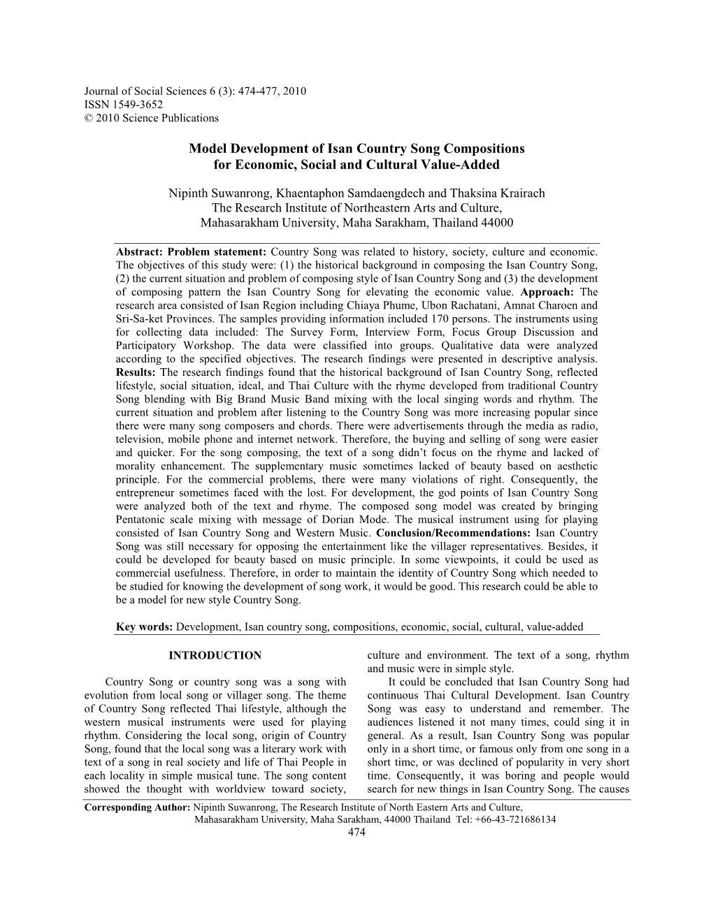 Model Development of Isan Country Song Compositions for Economic, Social and Cultural Value-Added