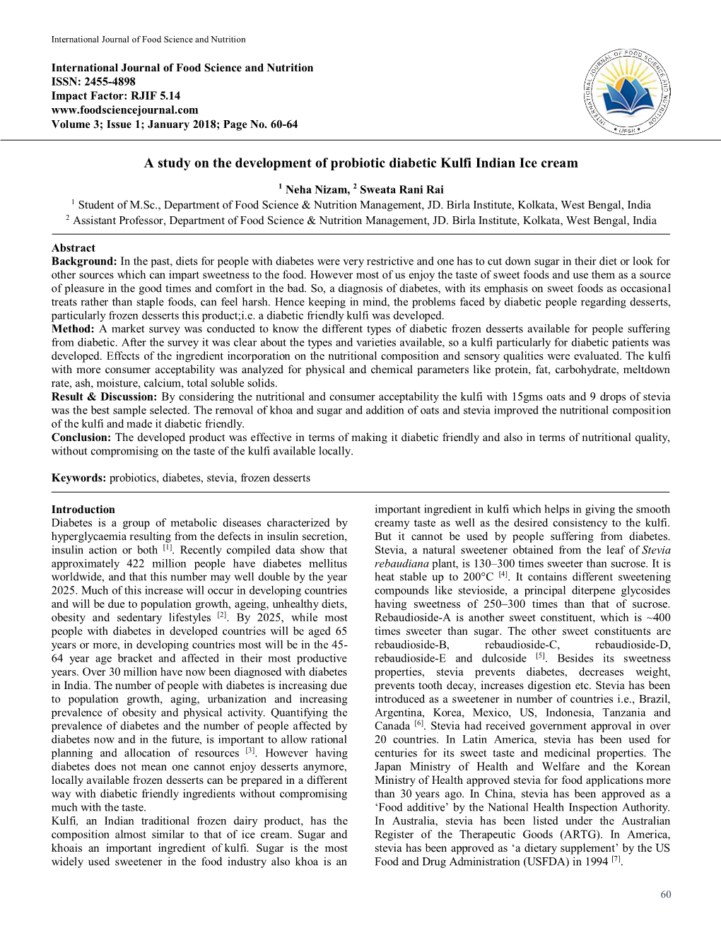 A Study on the Development of Probiotic Diabetic Kulfi Indian Ice Cream