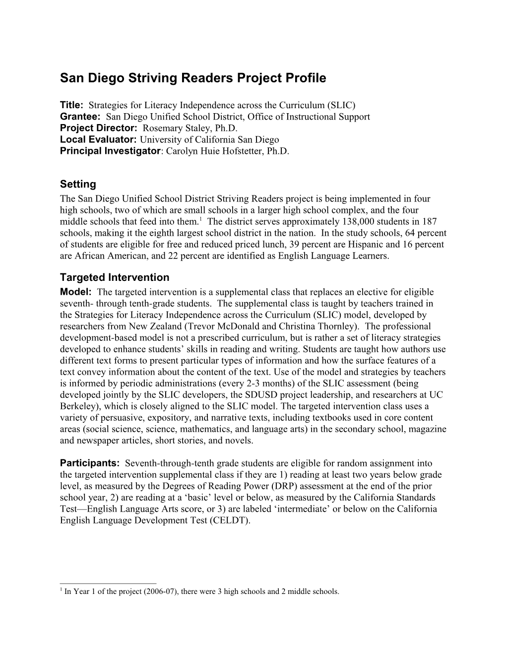 San Diego Striving Readers Project: Project Abstract (MS WORD)
