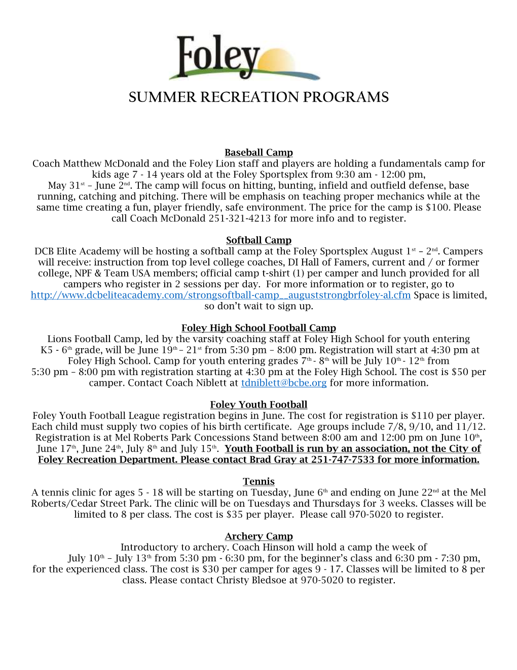 Summer Recreation Programs