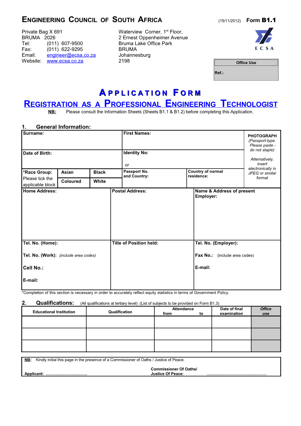 ENGINEERING COUNCIL of SOUTH AFRICA (15/11/2012) Form B1.1