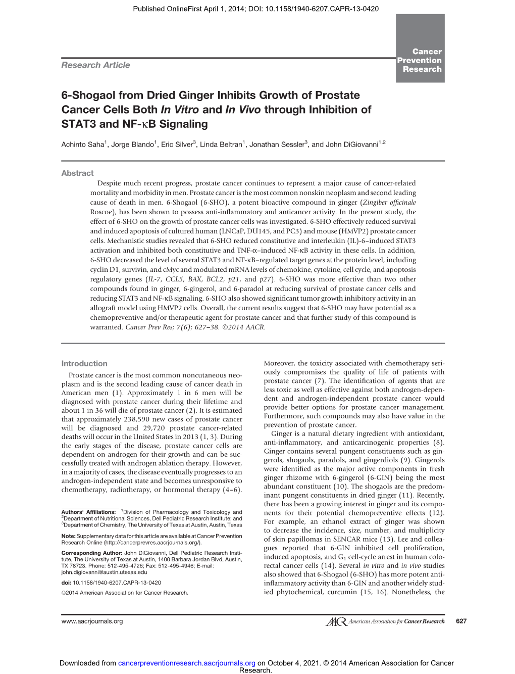 6-Shogaol from Dried Ginger Inhibits Growth of Prostate Cancer Cells Both in Vitro and in Vivo Through Inhibition of STAT3 and NF-Kb Signaling