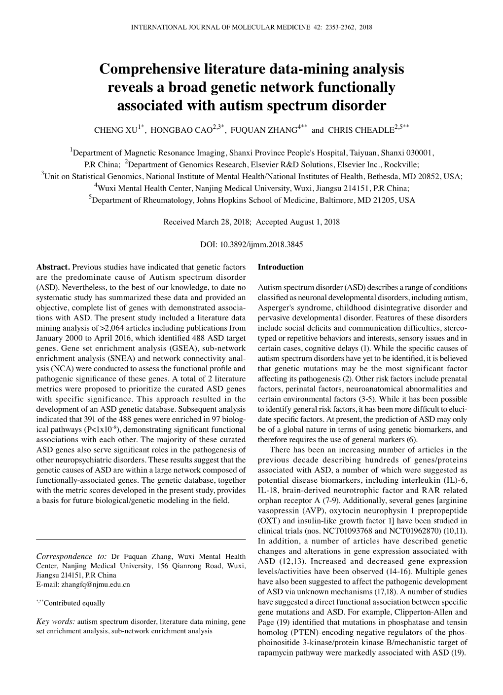 Comprehensive Literature Data-Mining Analysis Reveals a Broad Genetic Network Functionally Associated with Autism Spectrum Disorder