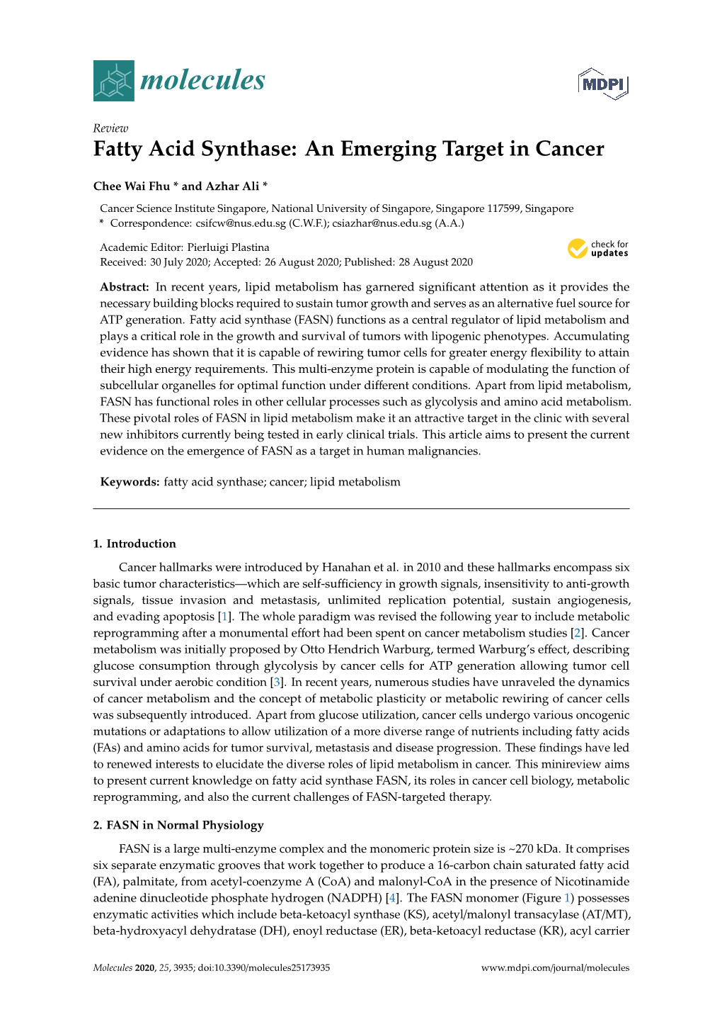 Fatty Acid Synthase: an Emerging Target in Cancer