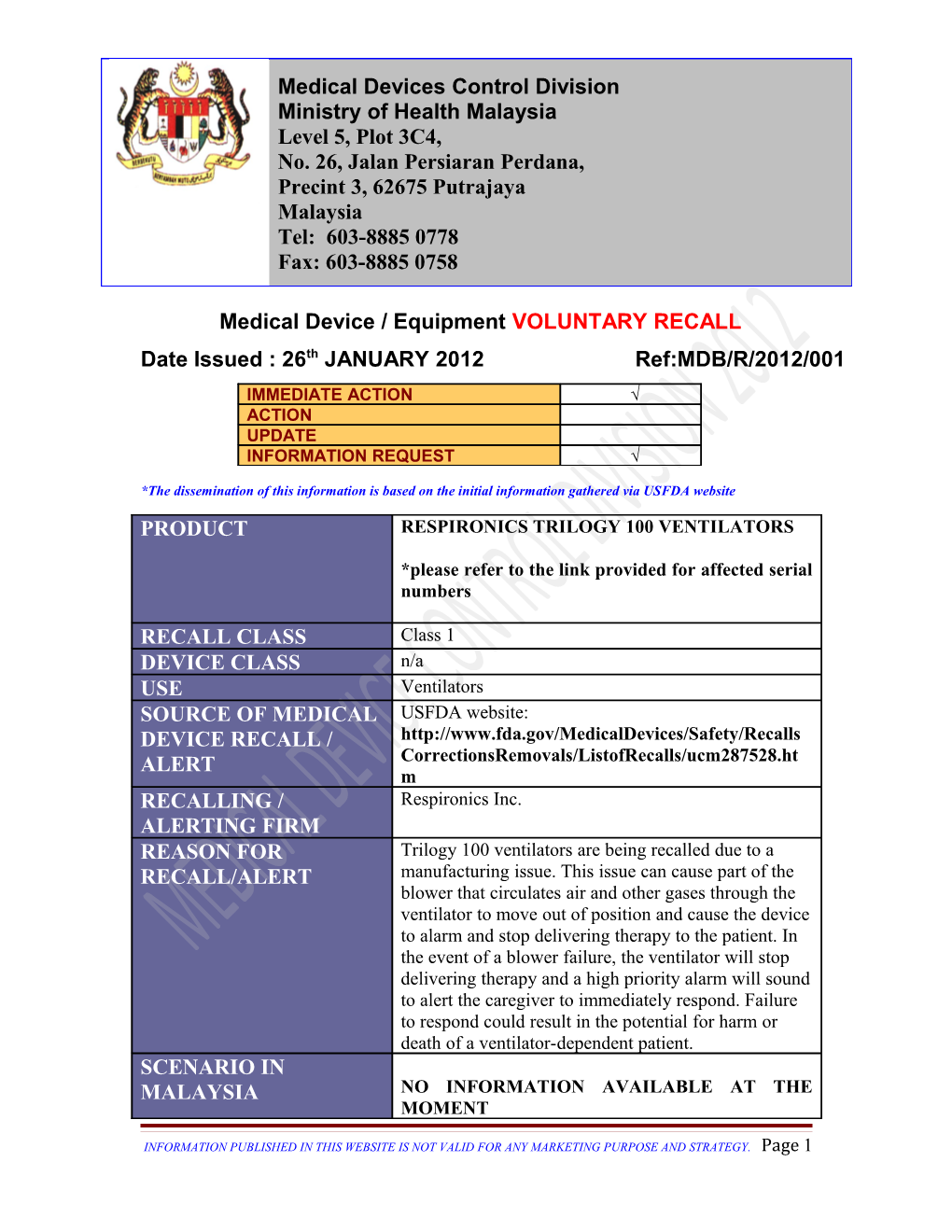 Medical Device / Equipment VOLUNTARY RECALL