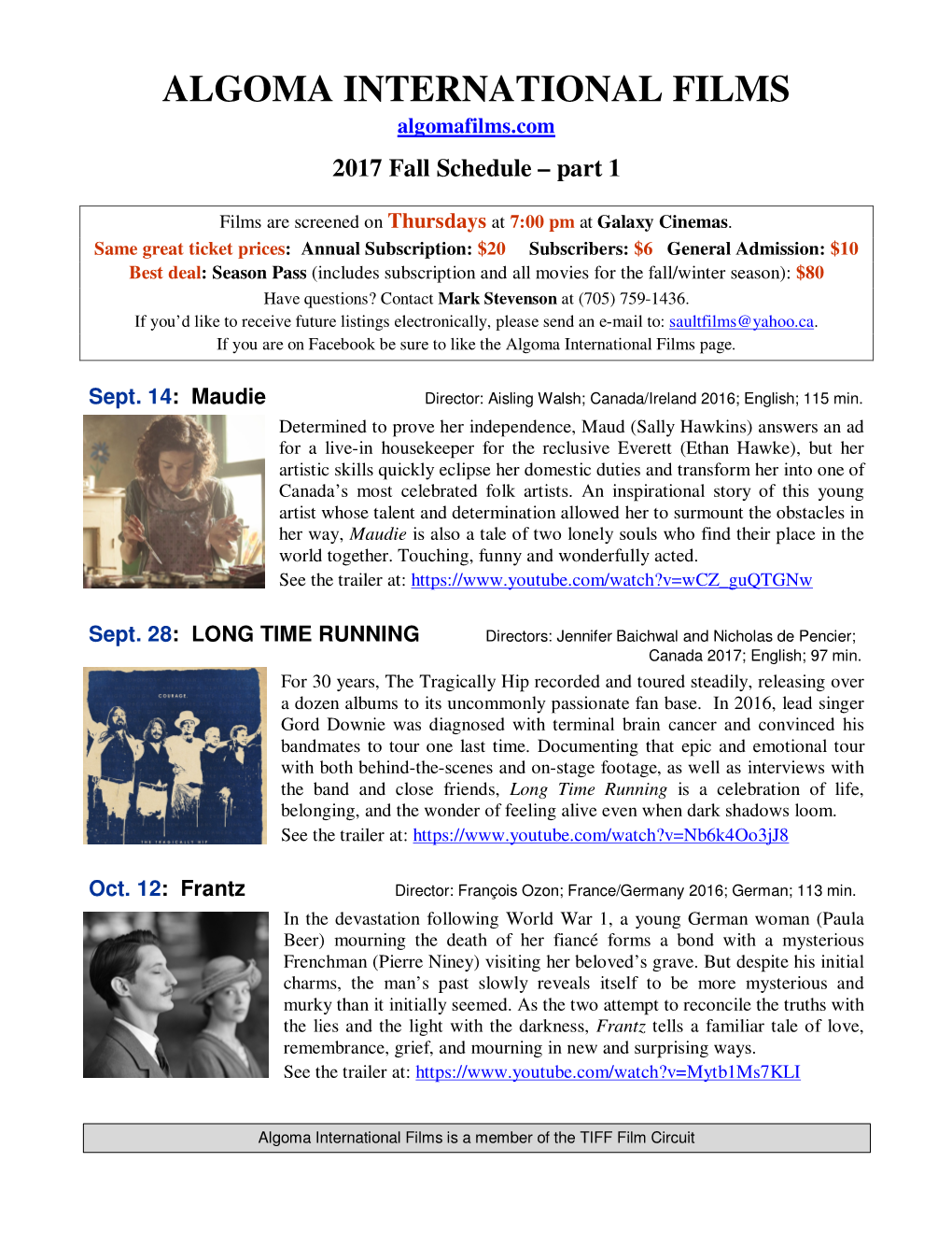 ALGOMA INTERNATIONAL FILMS Algomafilms.Com 2017 Fall Schedule – Part 1