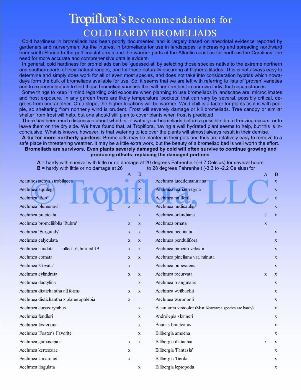 Tropiflora's Recommendations for COLD HARDY BROMELIADS