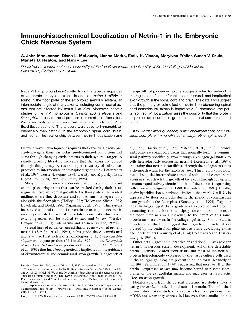 Immunohistochemical Localization of Netrin-1 in the Embryonic Chick Nervous System