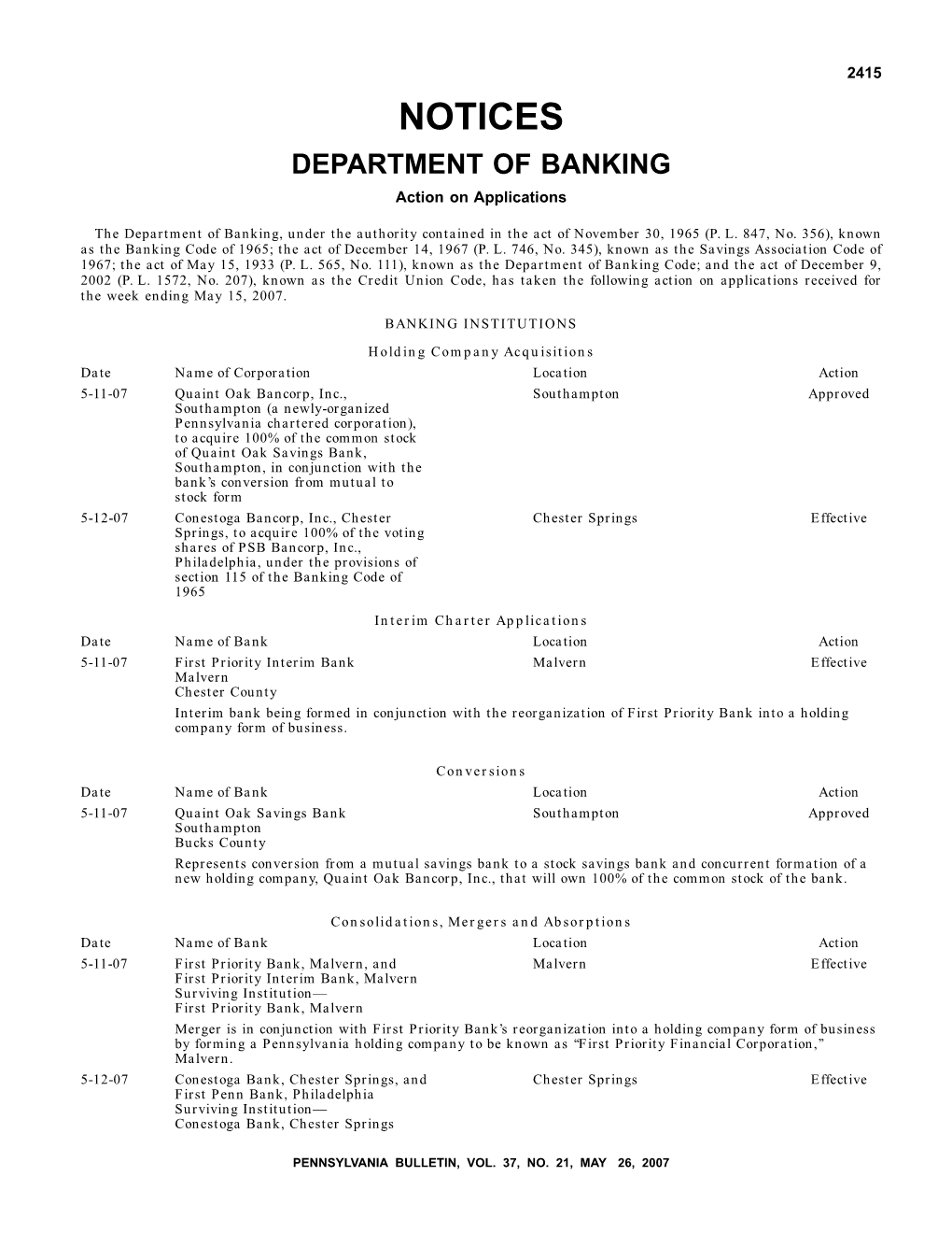 NOTICES DEPARTMENT of BANKING Action on Applications