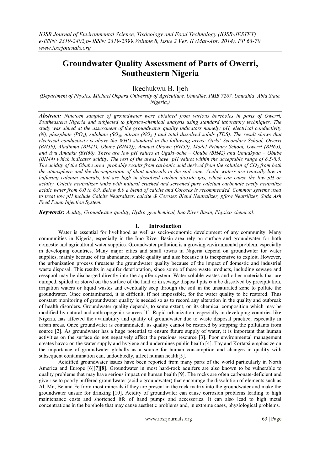 Groundwater Quality Assessment of Parts of Owerri, Southeastern Nigeria