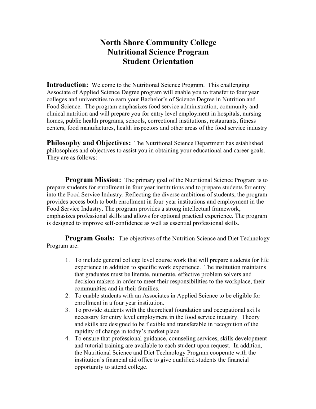 North Shore Community College Nutritional Science Program Student Orientation