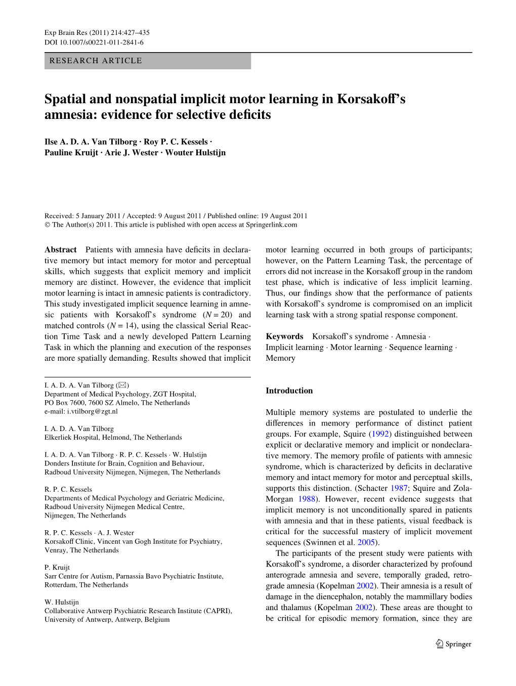 Spatial and Nonspatial Implicit Motor Learning in Korsakov’S Amnesia: Evidence for Selective Dewcits