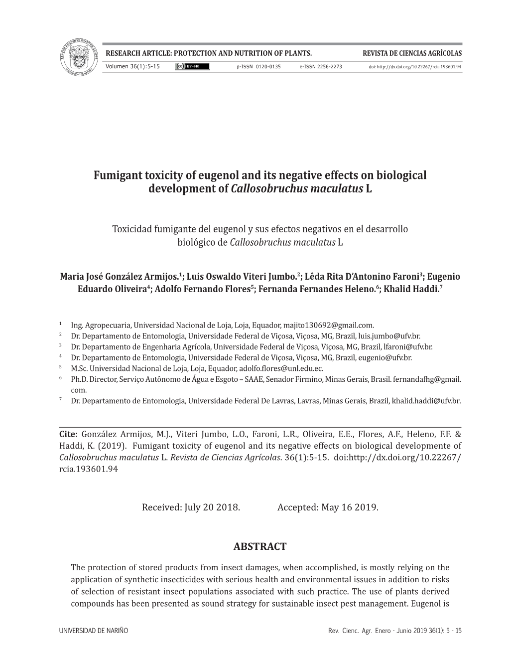 Fumigant Toxicity of Eugenol and Its Negative Effects on Biological Development of Callosobruchus Maculatus L