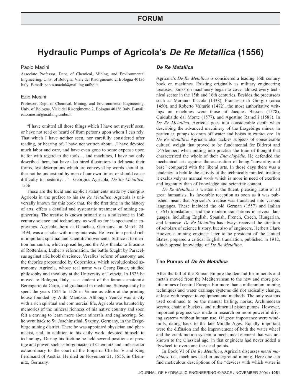 Hydraulic Pumps of Agricola's De Re Metallica