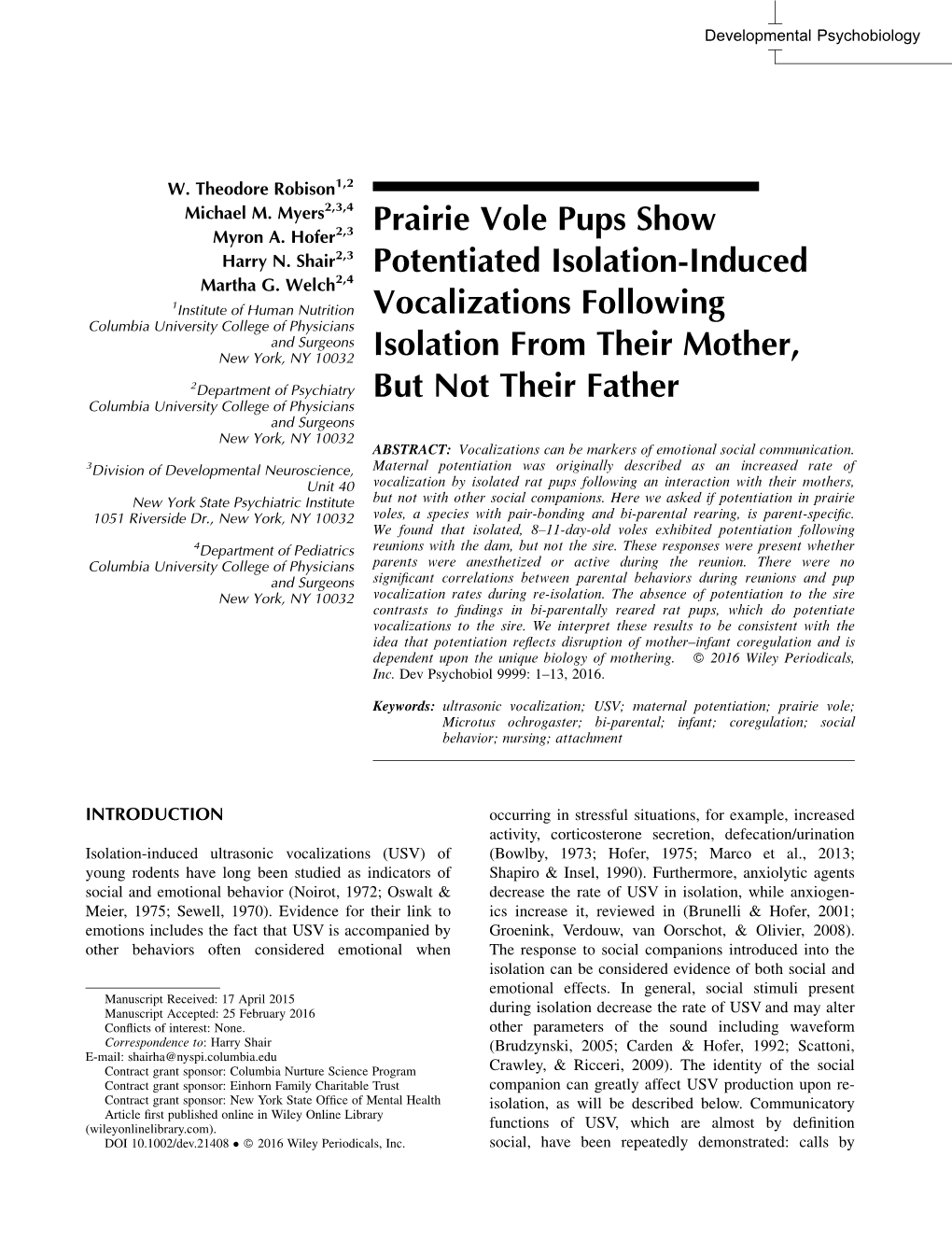 Prairie Vole Pups Show Potentiated Isolation-Induced Vocalizations Following Isolation from Their Mother, but Not Their Father
