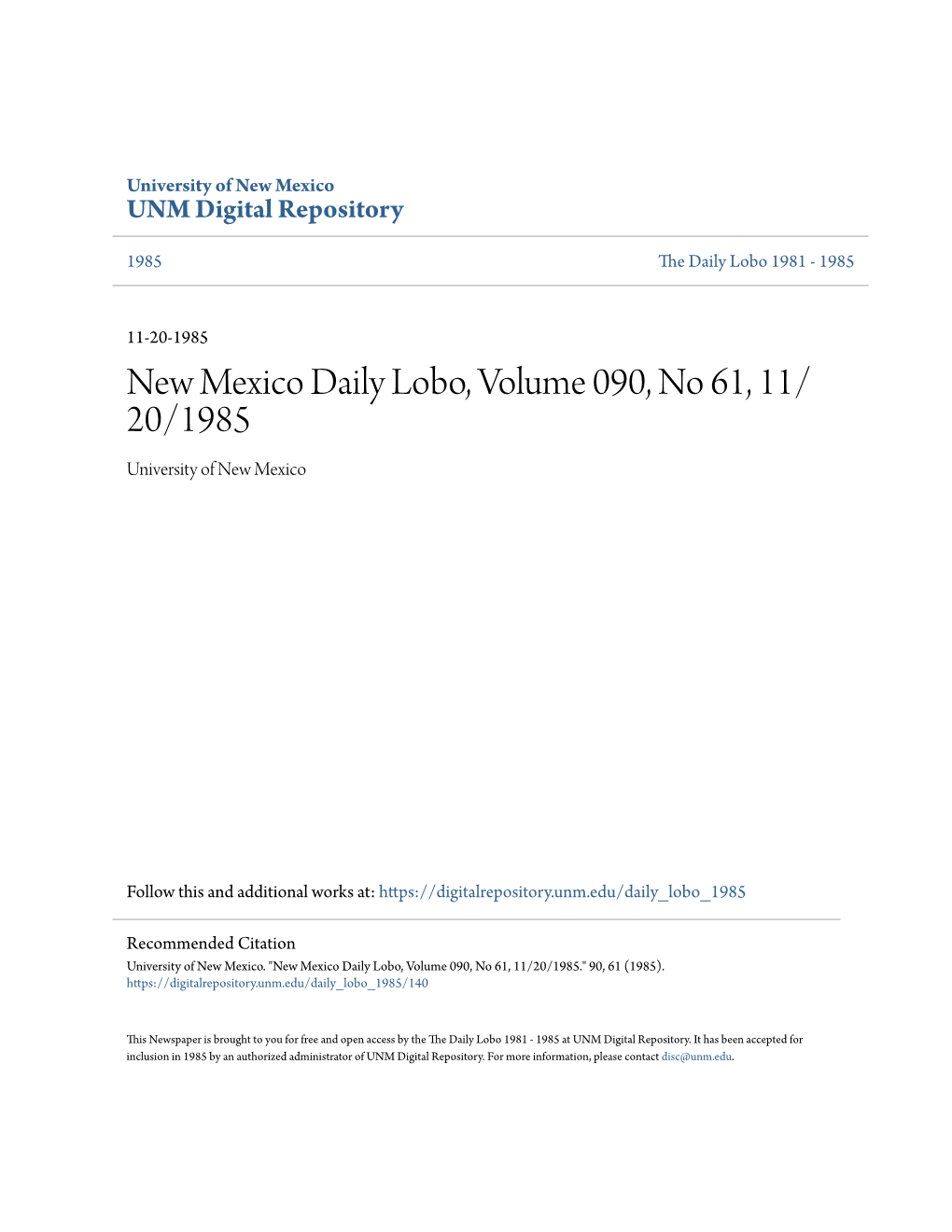 New Mexico Daily Lobo, Volume 090, No 61, 11/20/1985." 90, 61 (1985)